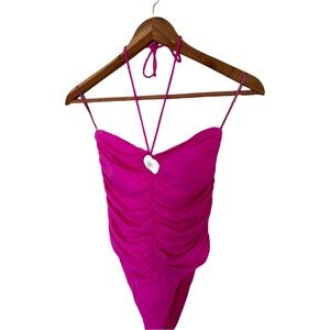 NEVER WORN Zara Hot Pink Swimsuit ruched high cut halter One Piece MEDIUM